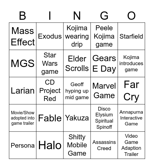 Game Fest Bingo Card