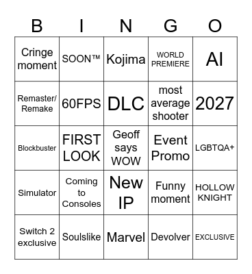 Summer Game Fest 2025 Bingo Card