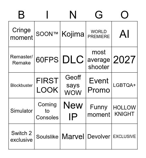 Summer Game Fest 2025 Bingo Card