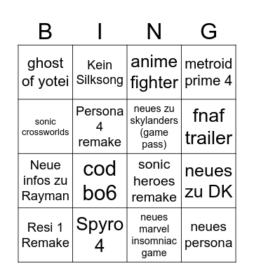 Summer game fest Bingo Card