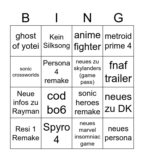 Summer game fest Bingo Card