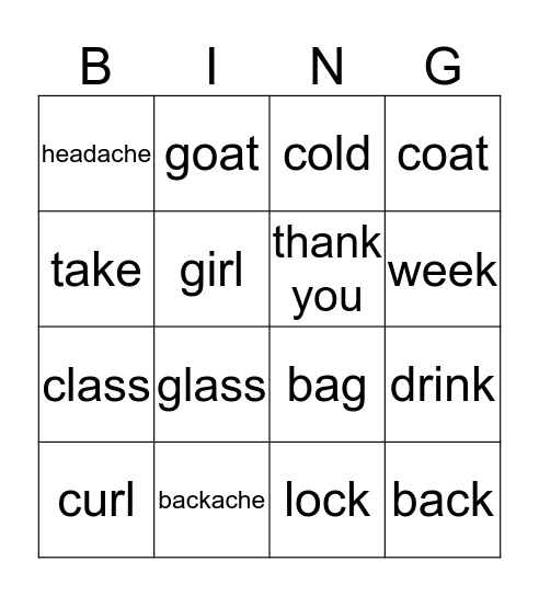 /g/ vs. /k/  Bingo Card