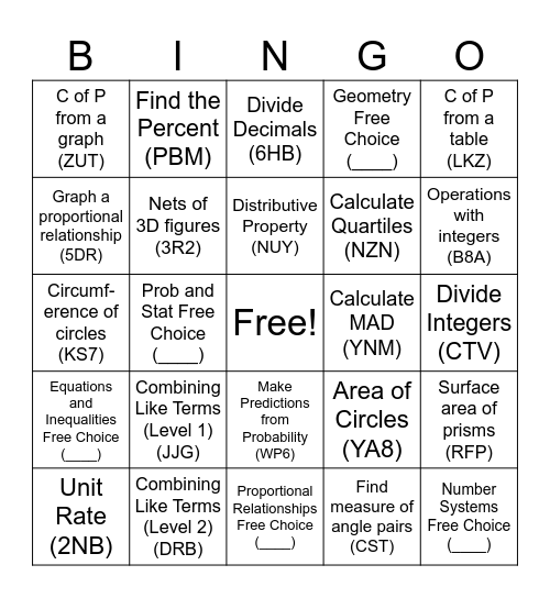 EOG Math 7 Review Bingo Card