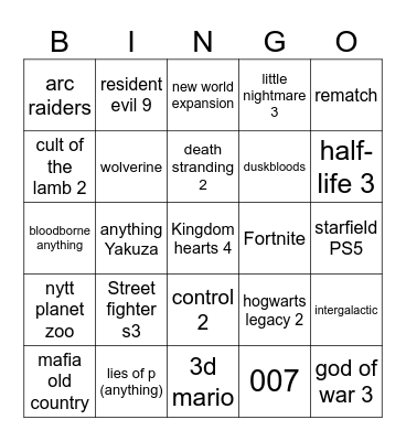 Summer game fest Bingo Card