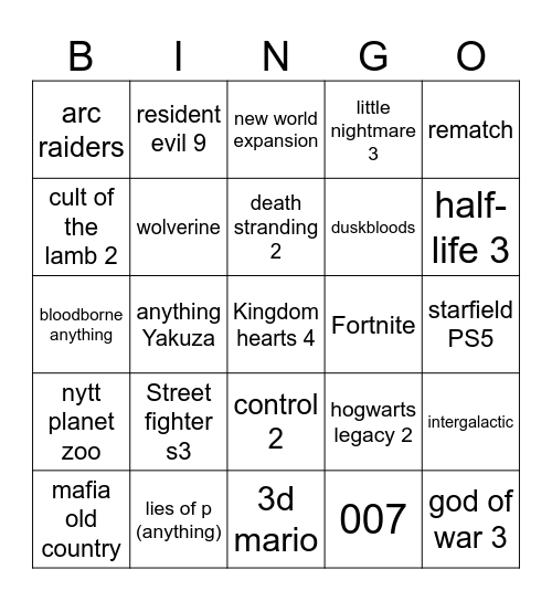 Summer game fest Bingo Card