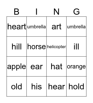 /h/ vs. no initial consonant Bingo Card