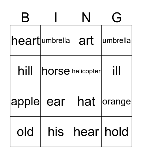 /h/ vs. no initial consonant Bingo Card