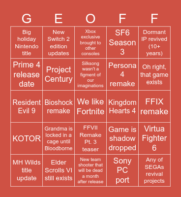 Summer Game Fest Bingo Card