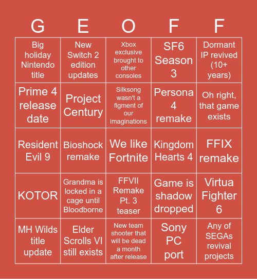 Summer Game Fest Bingo Card