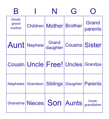 Family Members Bingo Card