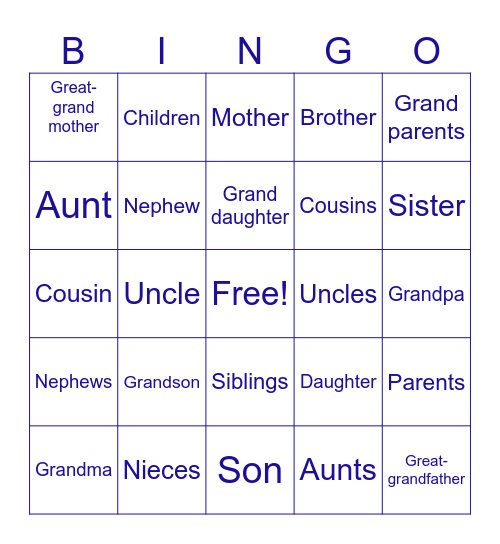 Family Members Bingo Card