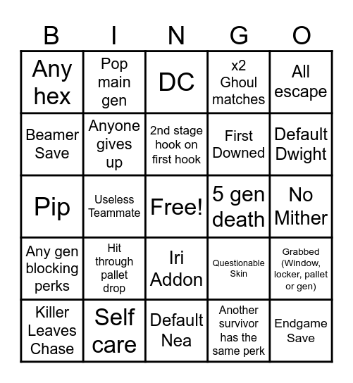 DBD Survivor Bingo Card