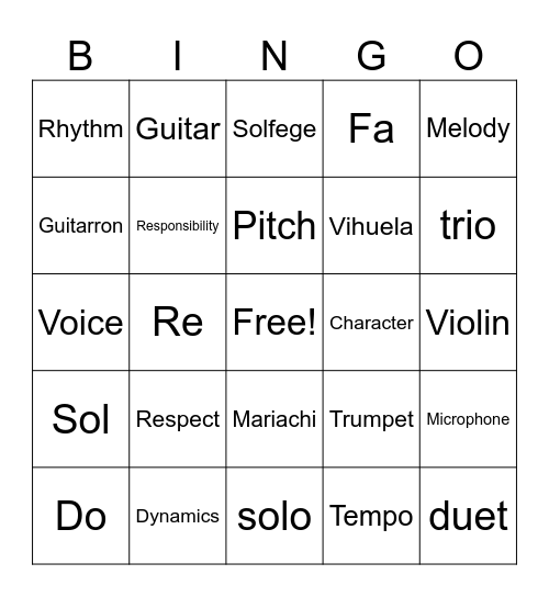 Mariachi Camp Bingo Card