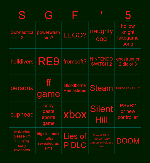 SGF bingo Card