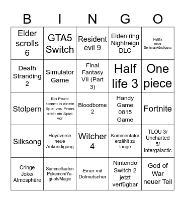 Summer Game Fest Bingo Card
