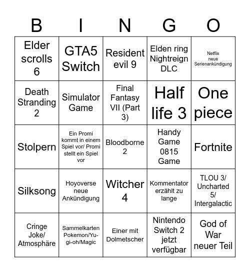Summer Game Fest Bingo Card
