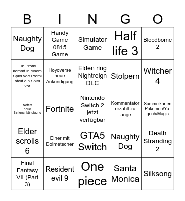 Summer Game Fest Bingo Card