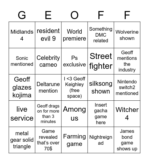 Game awards Bingo Card