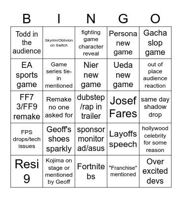 summer games fest 25 Bingo Card