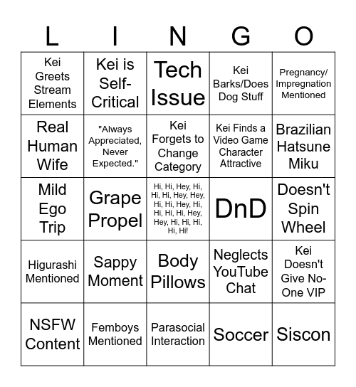 Kei Bingo Card