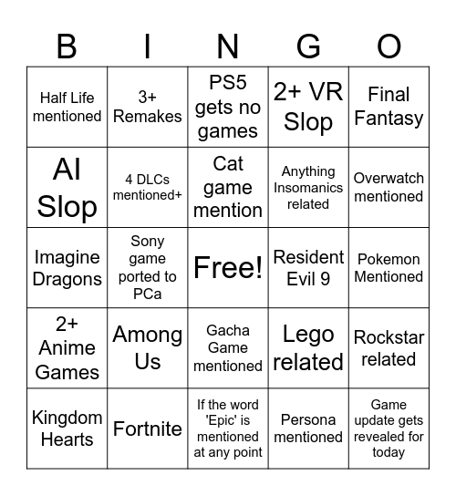 Summer Game Fest Bingo Card