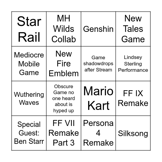 Summer Games Fest Bingo Card