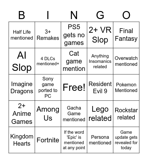 Summer Game Fest Bingo Card