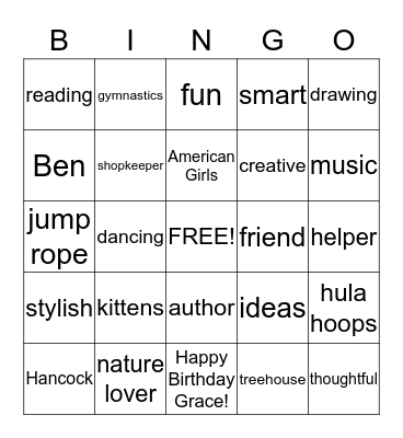 All About Grace! Bingo Card