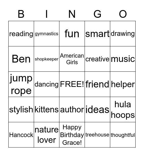 All About Grace! Bingo Card