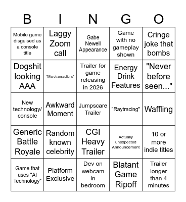 Summer Game Fest 2025 Bingo Card