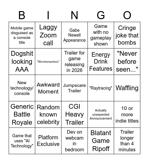 Summer Game Fest 2025 Bingo Card