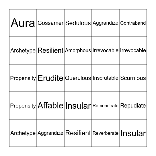 The Crucible Vocabulary Bingo Card
