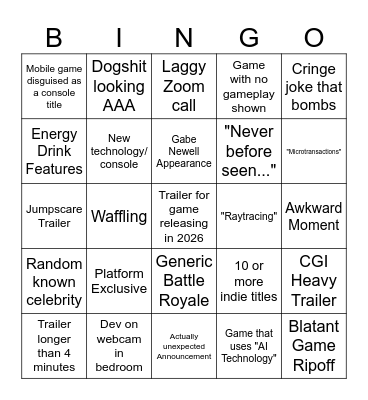Summer Game Fest 2025 Bingo Card