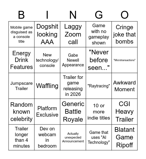 Summer Game Fest 2025 Bingo Card