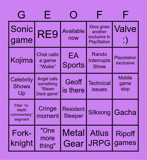 Summer Game Fest Bingo Card
