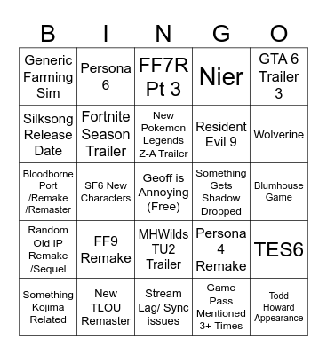 SGF 2025 Bingo Card