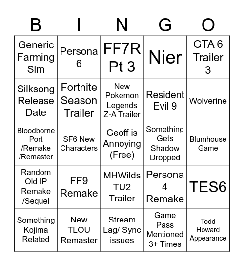 SGF 2025 Bingo Card