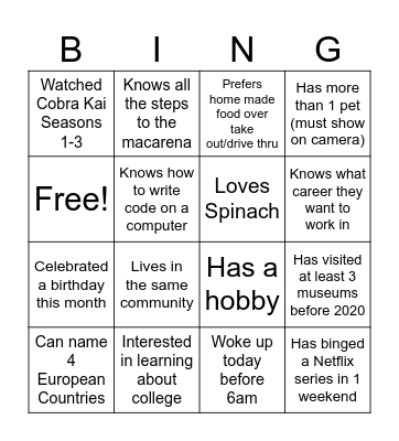 Nice to meet you! Bingo Card