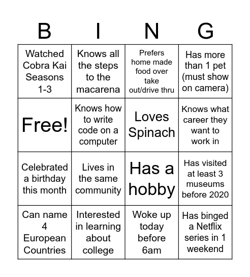 Nice to meet you! Bingo Card