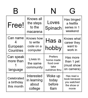 Nice to meet you! Bingo Card