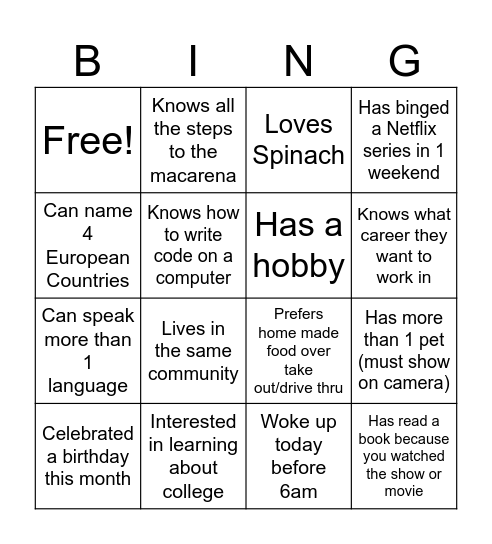 Nice to meet you! Bingo Card
