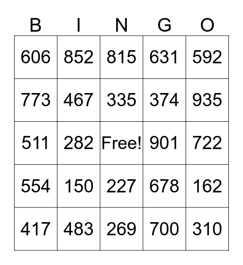 Place Value Bingo Card