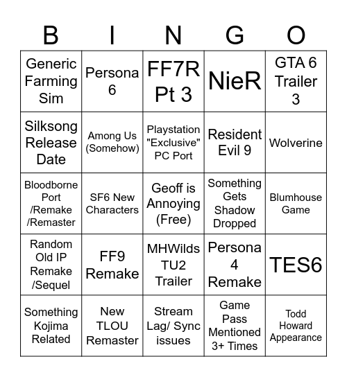 SGF 2025 Bingo Card