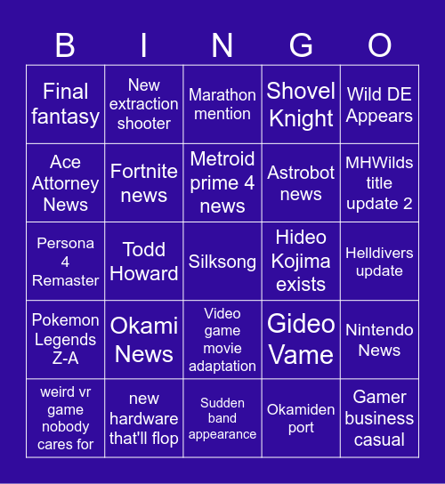 Summer Game Fest Bingo Card