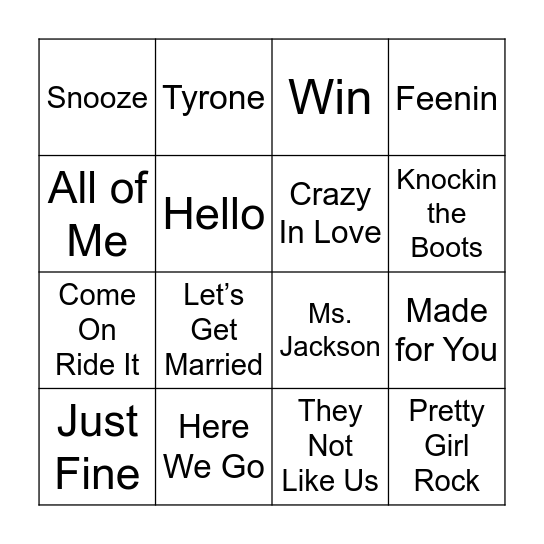 R & B 2000s to present Bingo Card
