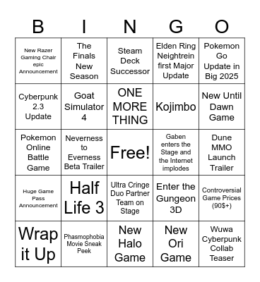 Summer Game Fest 2025 Bingo Card