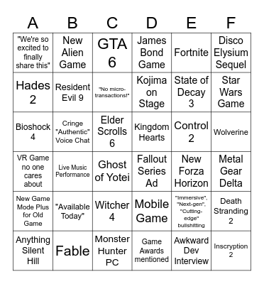 Summer Game Fest 2025 Bingo Card