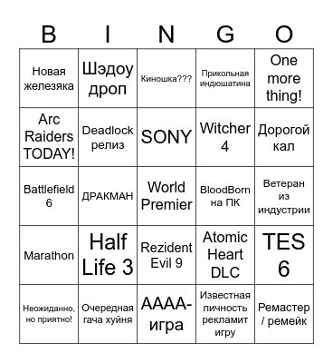 Summer Game Fest 2025 Bingo Card