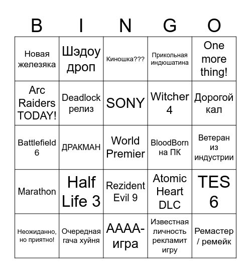 Summer Game Fest 2025 Bingo Card
