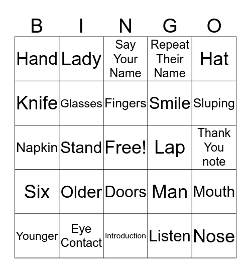 Etiquette Bingo Card